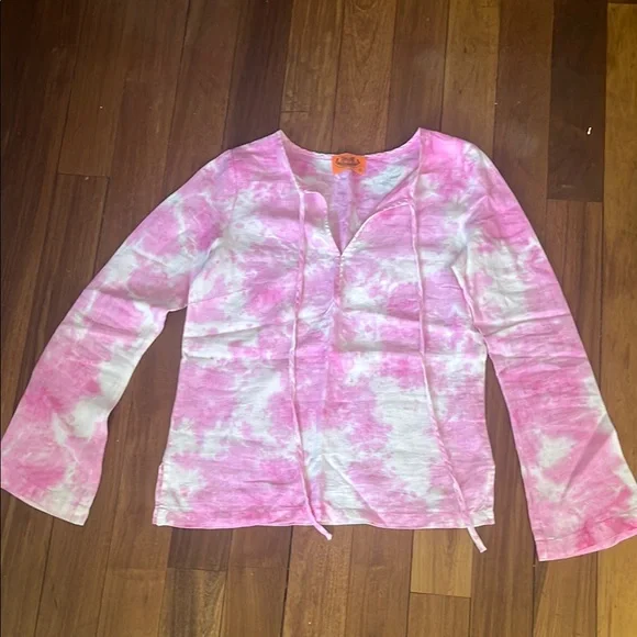 Juicy Couture Pink Linen Tie Dye Bell
Sleeve Blouse sz S Excellent Condition - Picture 1 of 8
